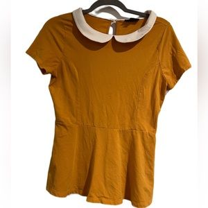 ModCloth Mustard Yellow Peter Pan Collar Peplum Short Sleeved Top | Size M
